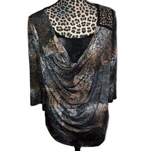 Dress Barn Top Blouse XL Brown Paisley 3/4 Sleeve Gathered Drop Neck Rhinestone